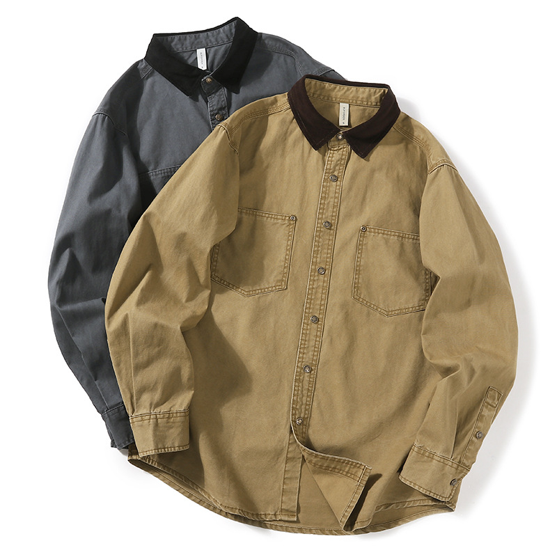 重磅水洗做旧长袖衬衫男阿美咔叽复古翻领男士衬衣纯棉寸衫-阿里巴巴