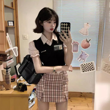 辣妹格子收腰学院风夏季新款韩系制服套装女 马甲衬衫裙子三件套