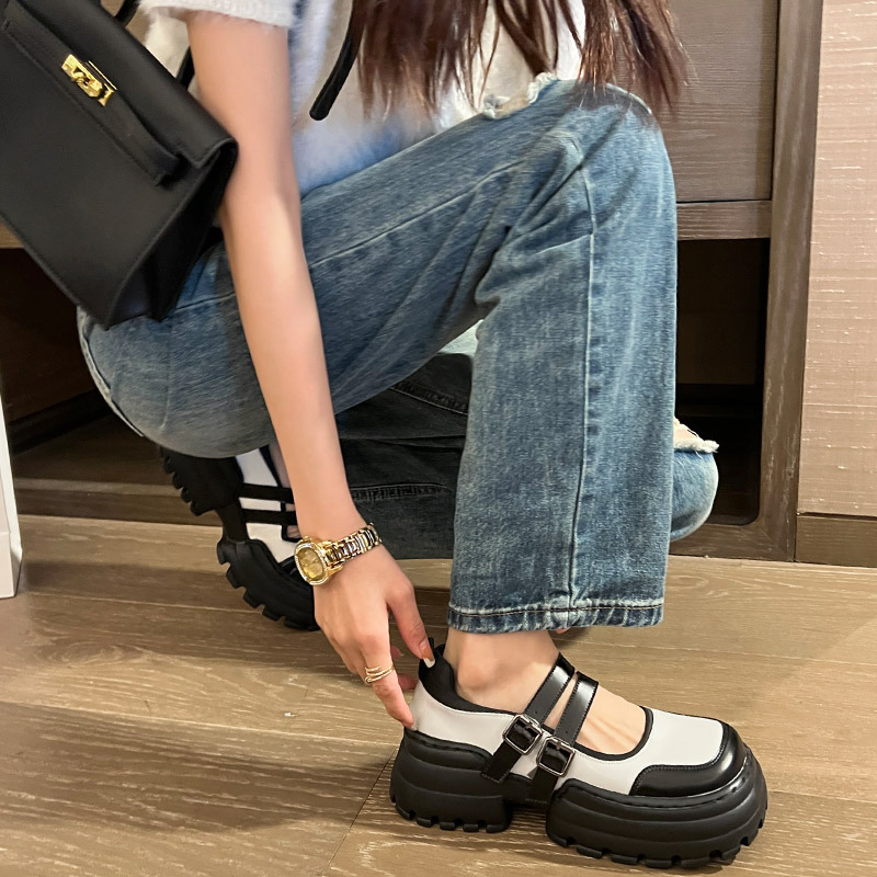 【fangui】厚底玛丽珍鞋女浅口百搭大头鞋黑白拼色小皮鞋女