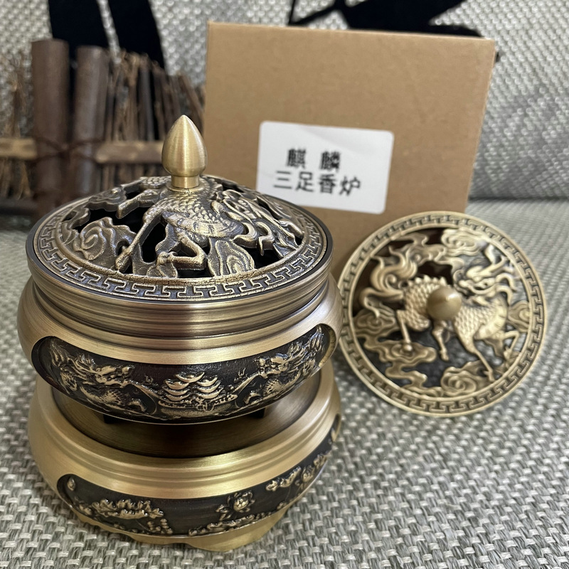 Copper Incense Burner KIRIN Orchid Large Flat Bottom Small Flat Bottom Incense Burner Home Carved Zen Tea Ceremony Sandalwood and Incense Burner