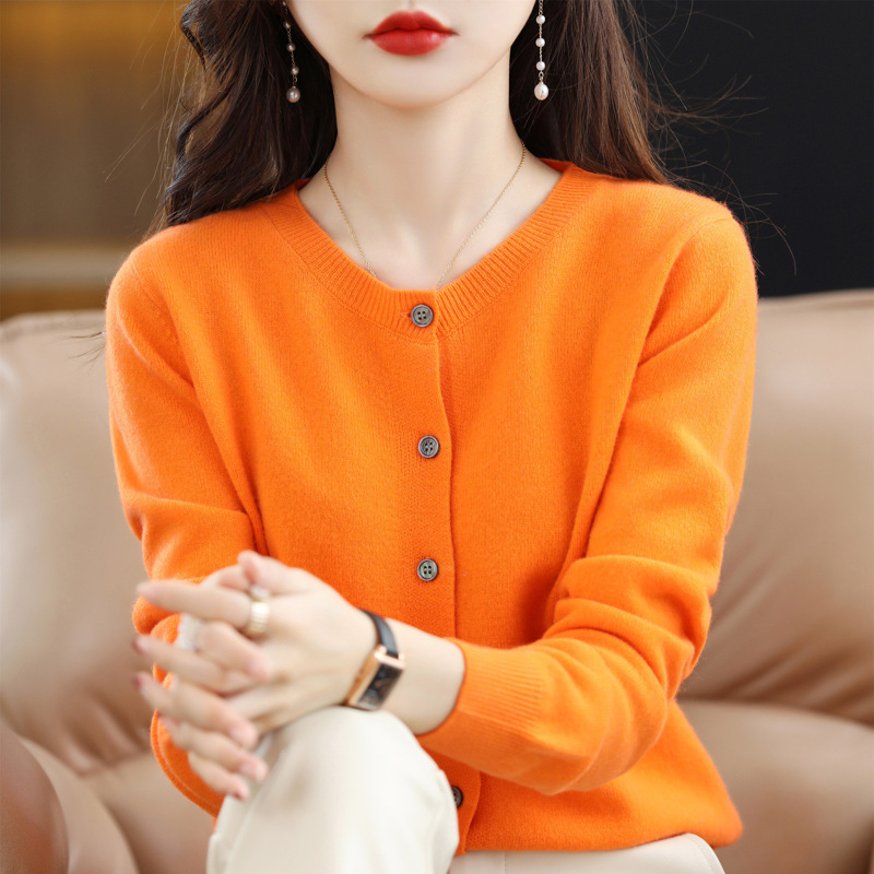 2023 New Knitted Cardigan Early Spring round Neck Sweater Women's Long Sleeve Pure Color All-Matching Coat Women's Clothing One Piece Dropshipping