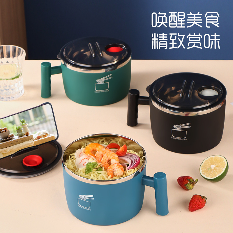 factory direct sales 304 stainless steel instant noodle bowl student dormitory with lid instant noodle cup sealed portable drain bowl