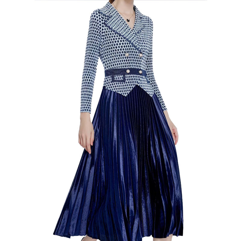 Sanzhai Pleated Houndstooth Long-Sleeved Dress Women's Stitching Fake Two-Piece Mid-Length Autumn and Winter High-Grade Western Style Pleated Skirt