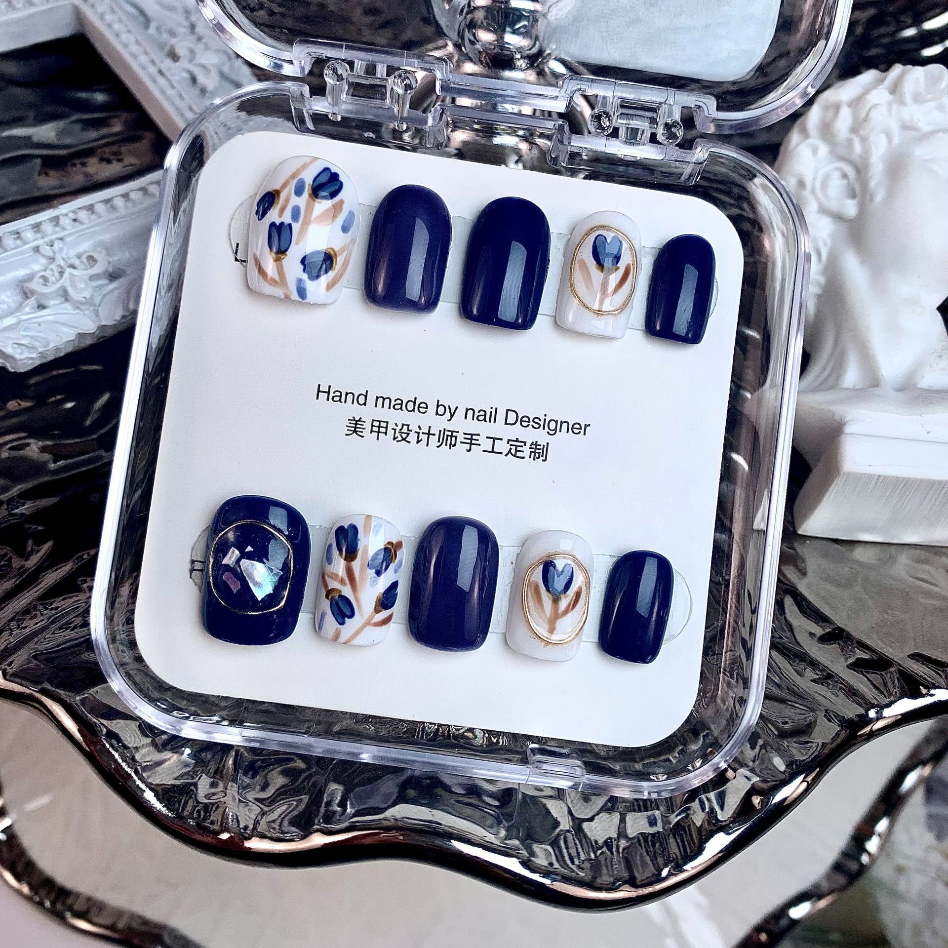 y39-handmade blue and white porcelain antique wear nail finished manicure donghai wear nail handmade uv nail beauty