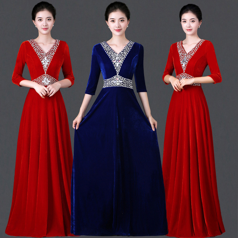 合唱服长裙成人金丝绒大合唱团演出服女指挥主持人中老年舞台服装