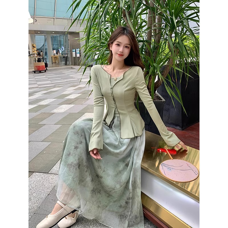 New Chinese Style Tie-Dyed Dress Women's Summer French Gentle High Waist A- line Suit Skirt Three-Piece Dress