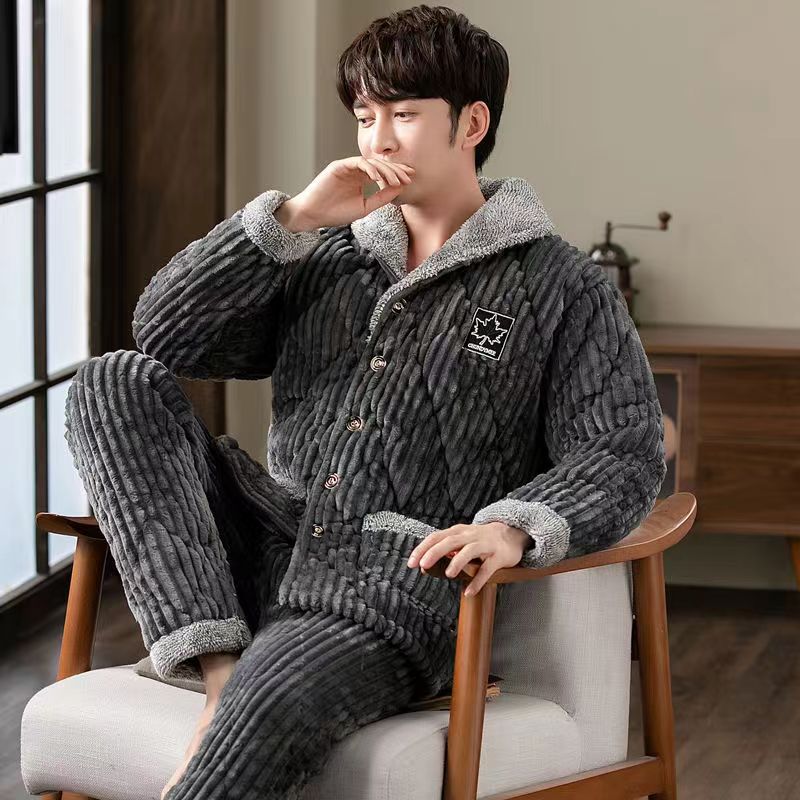 男士睡衣冬季三层加厚夹棉睡衣珊瑚绒棉袄男大码法兰绒家居服套装