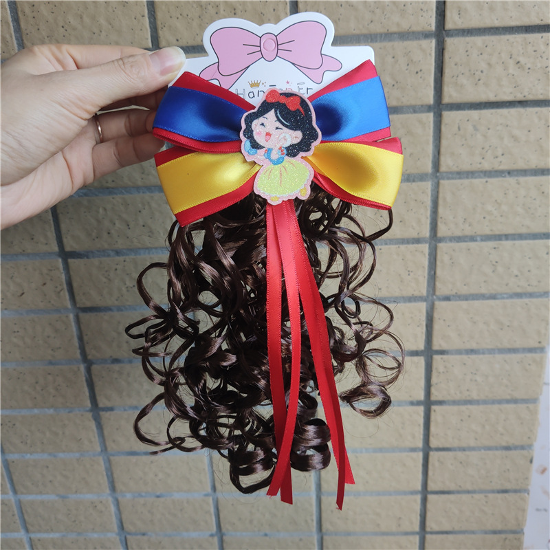 新款白雪公主发饰拼色蝴蝶结卷发假发发夹女童可爱圣诞过年头饰