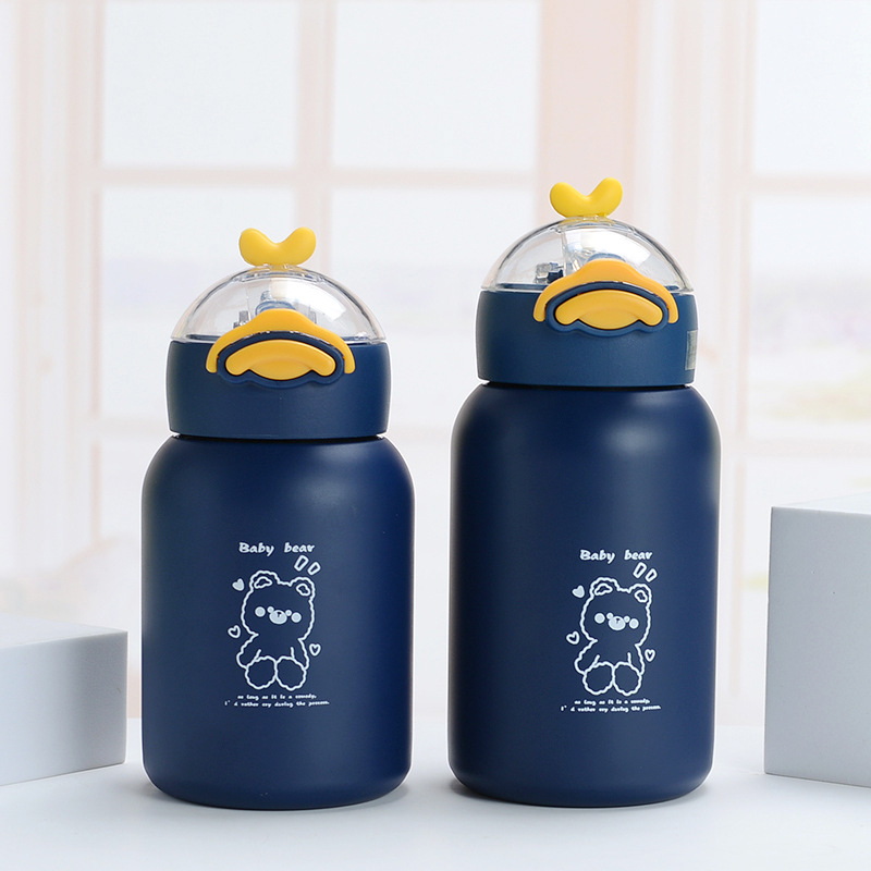 Spot Goods Small Yellow Duck Children's Straw Sippy Cup 304 Stainless Steel Thermos Cup Cute Girls Universal Thermal Insulation Kettle
