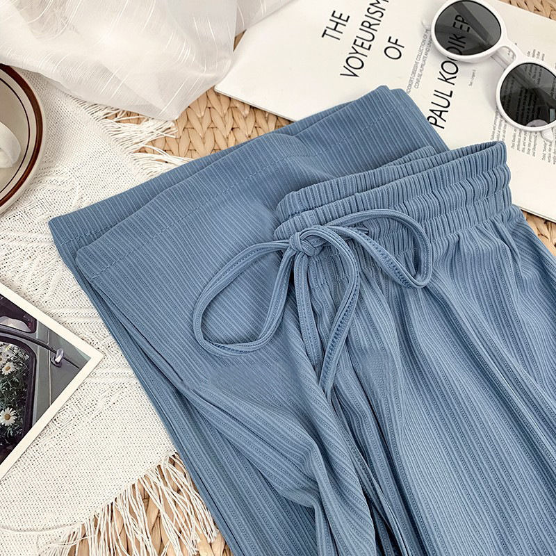 Korean Style High Waist Slimming the Journey of Flower Striped Knitted Drooping Wide-Leg Pants Women's Loose Mop Ice Silk Straight Women's Pants