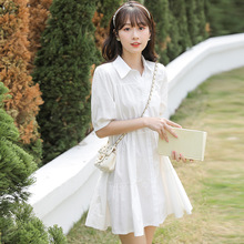 实拍现货韩版夏季小清新宽松型A字裙纯色棉短袖衬衫连衣裙