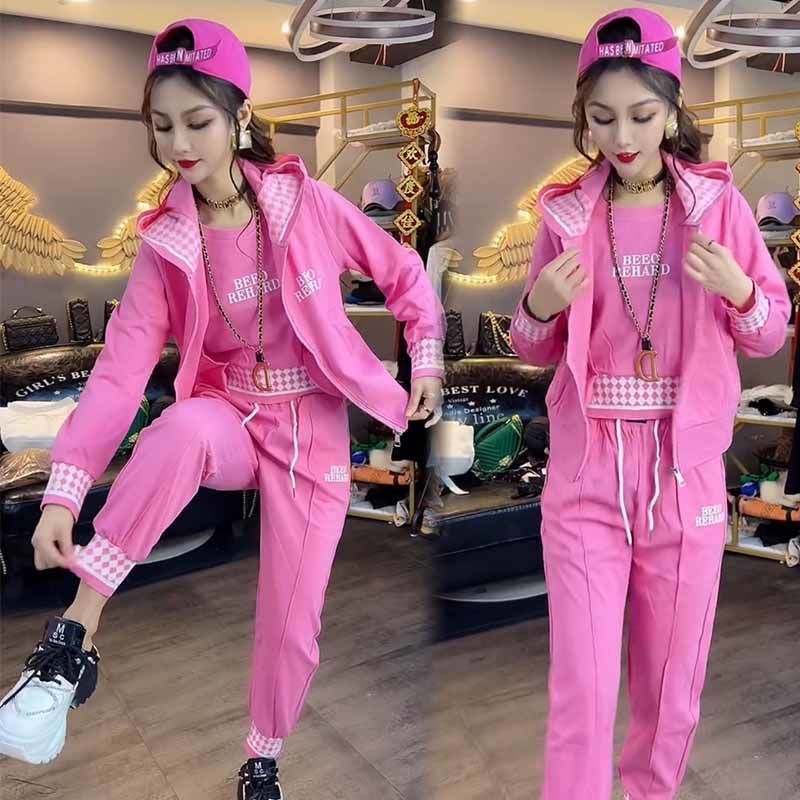 春秋运动服休闲套装女士洋气时尚2023新款名牌卫衣卫裤背心三件套