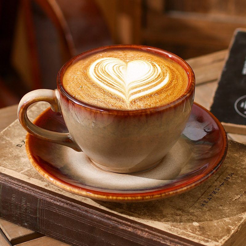 拿铁拉花朵咖啡杯碟套装陶瓷加厚复古窑变高档精致ins风杯子300ml