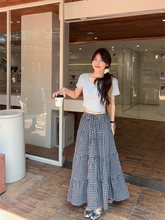 kumikumi时尚套装纯欲风短款露脐T恤女夏季格纹蛋糕裙A字裙两件套