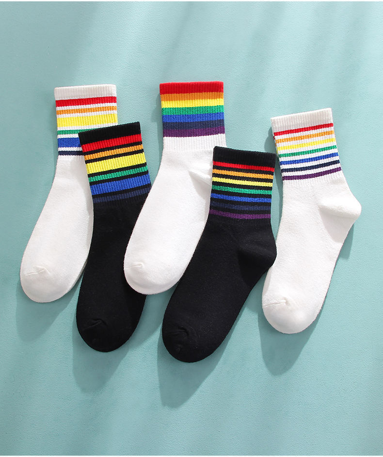 儿童彩虹袜袜子女中筒袜秋冬季ins潮网红糖果色条纹日系运动长袜