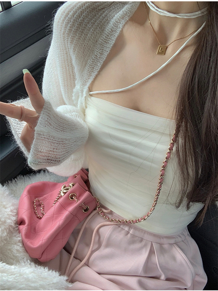 白水女 网纱吊带背心女春秋内搭纯欲锁骨修身一字肩抹胸短款上衣