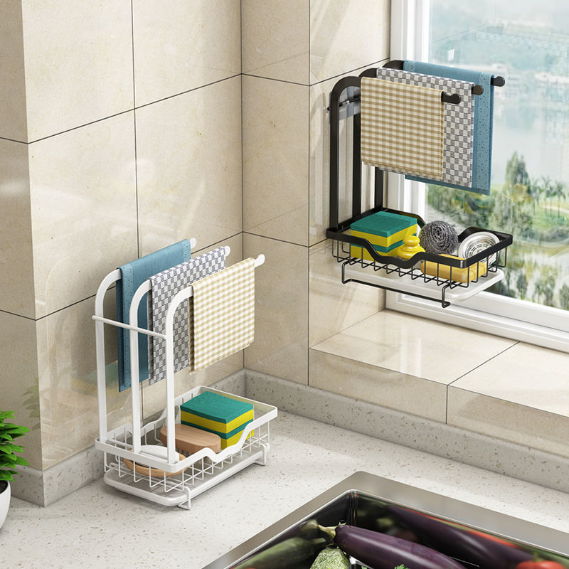 Kitchen Rag Rack Wall-Mounted Punch-Free Countertop Commodity Shelf Draining Sponge Dishcloth Draining Hanger Storage