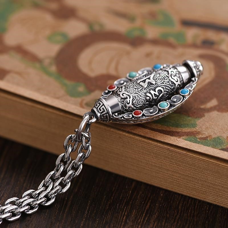 wz608精致银匠复古泰银六字真言转经筒吊坠男士项链挂件女饰品