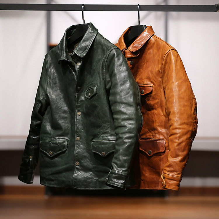 油蜡全植鞣马皮皮衣男日系复古小机车棕色司闸员真皮夹克