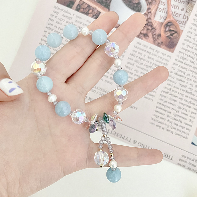 简约款海蓝石头女式气质手链 时尚珍珠坠饰 弹力可调14k电镀手饰