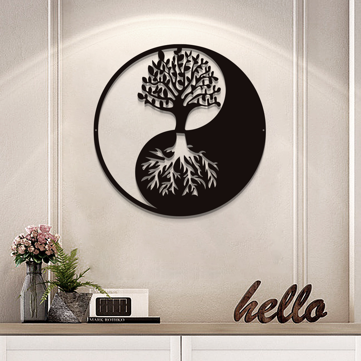 Metal Block Art Silhouette Love Living Tree Wall Decoration Embellishment Simple Wall Hanging, Suitable for Living Room Bedroom Corridor