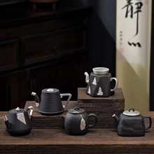 老陶泥鎏银壁画手工泡茶壶家用单壶复古粗陶功夫茶具中式沏茶壶