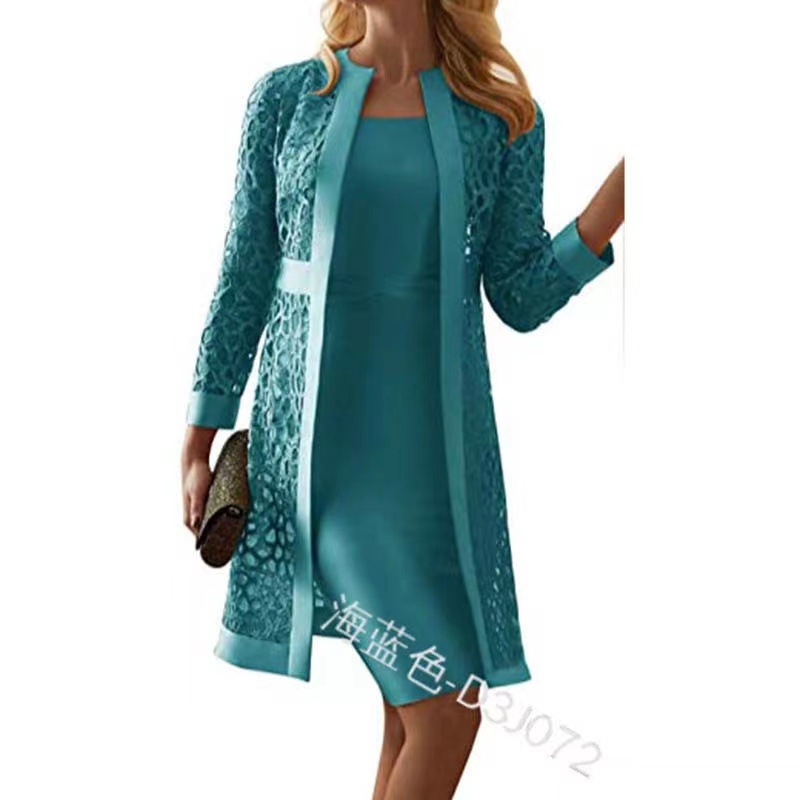 2023 in Stock New Women's Clothing Color Lace Cardigan Dress Two-Piece Coat Amazon Wish Foreign Trade