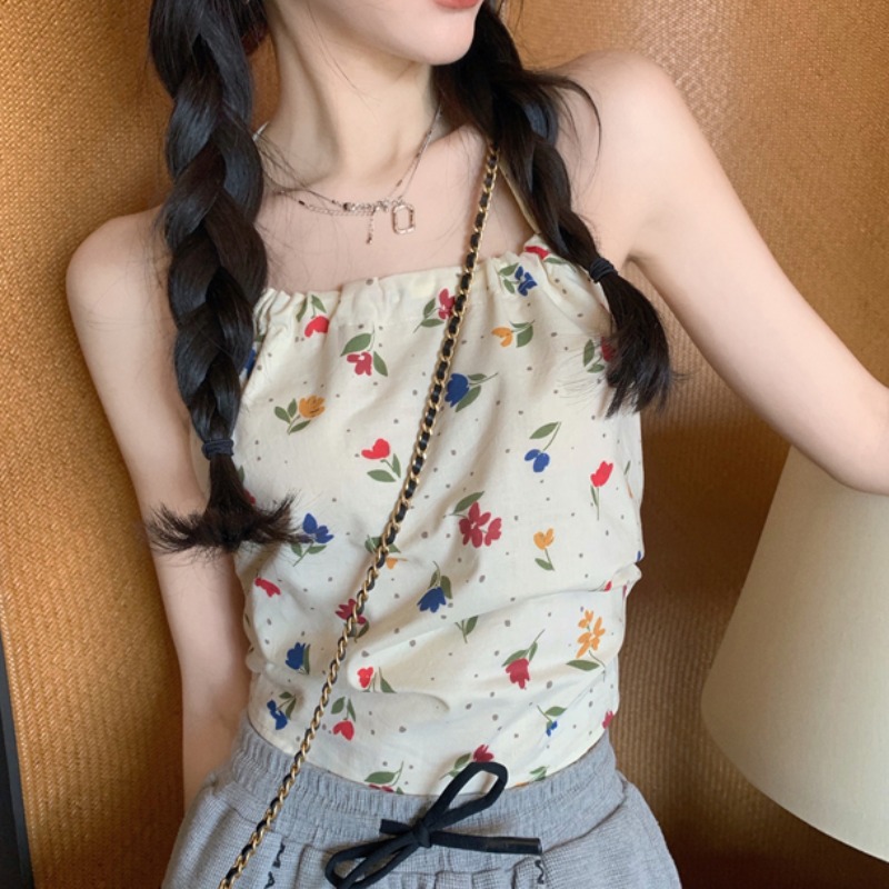 甜辣风白色碎花小吊带女夏季外穿设计感小众法式露脐短款背心上衣