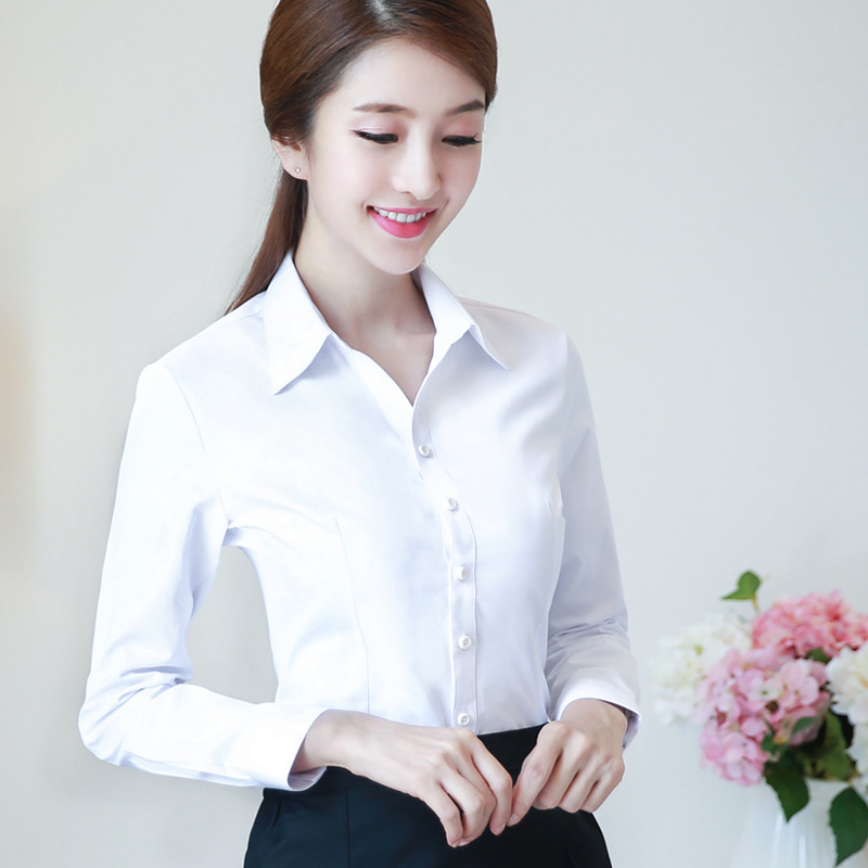 Women's Professional Work Clothes Solid Color Long-Sleeved Shirt White Student Top Business Formal Wear Slim-Fit Anti-Exposure Shirt