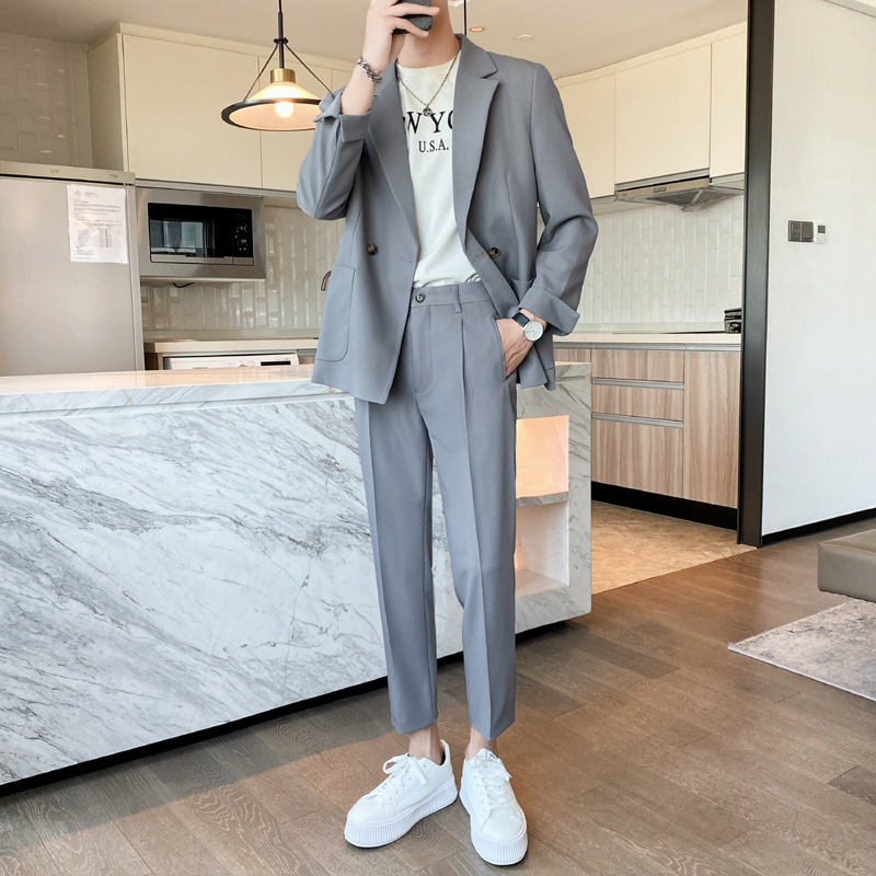 商务轻熟风青年男士休闲西装套装感韩风宽松痞帅小西服一套男