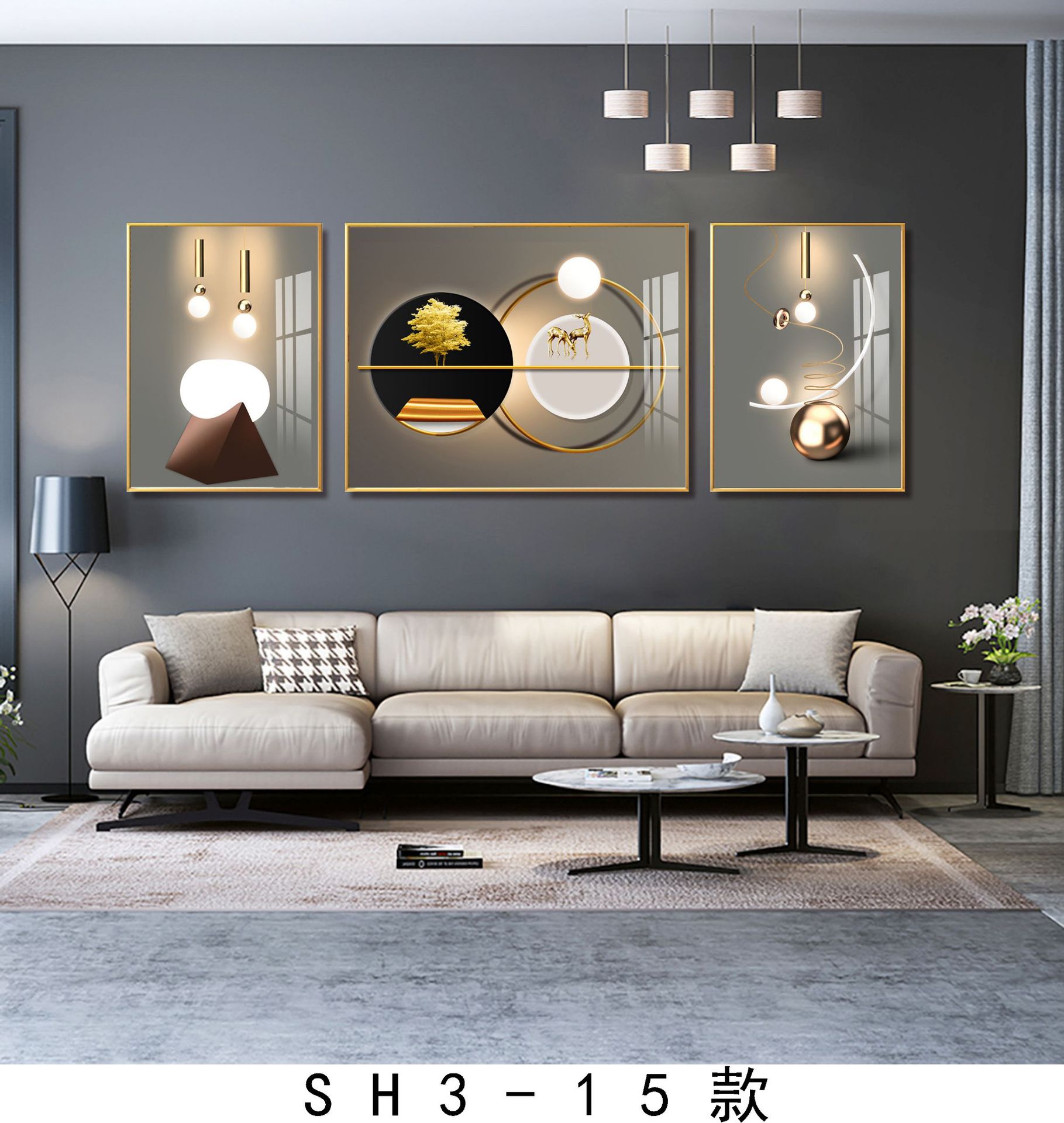 新中式创意现代简约客厅装饰画背景相框照片墙组合三联画