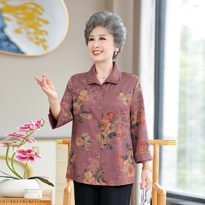 春季奶奶装上衣镂空雕花翻领七分袖衬衫衬衣70岁80岁老年人衣服