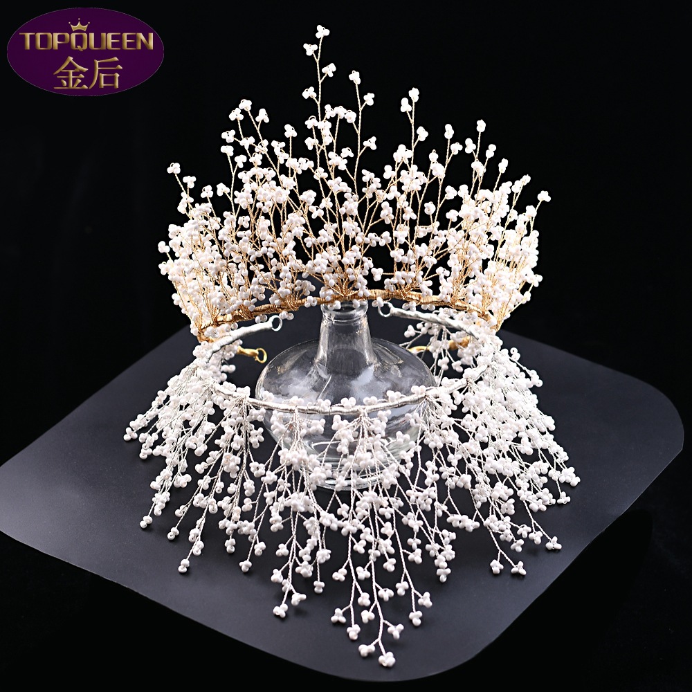 金后 王冠头饰新娘皇冠 大气欧式手工小米珠发饰婚纱配饰 hp193