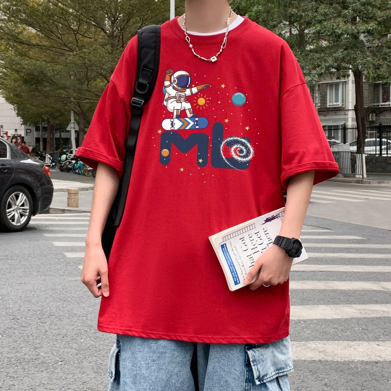 Cotton Short-Sleeved T-shirt Men's Summer Thin T-shirt Loose Teen Trendy round Neck Students Hong Kong Style Half Sleeve