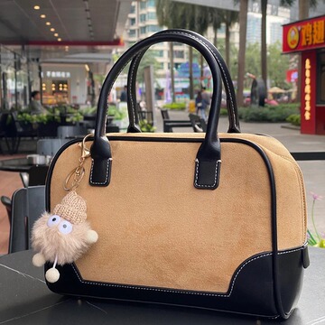 复古绒面波士顿包包女韩国小众博主女包撞色拼接手提枕头包斜挎包