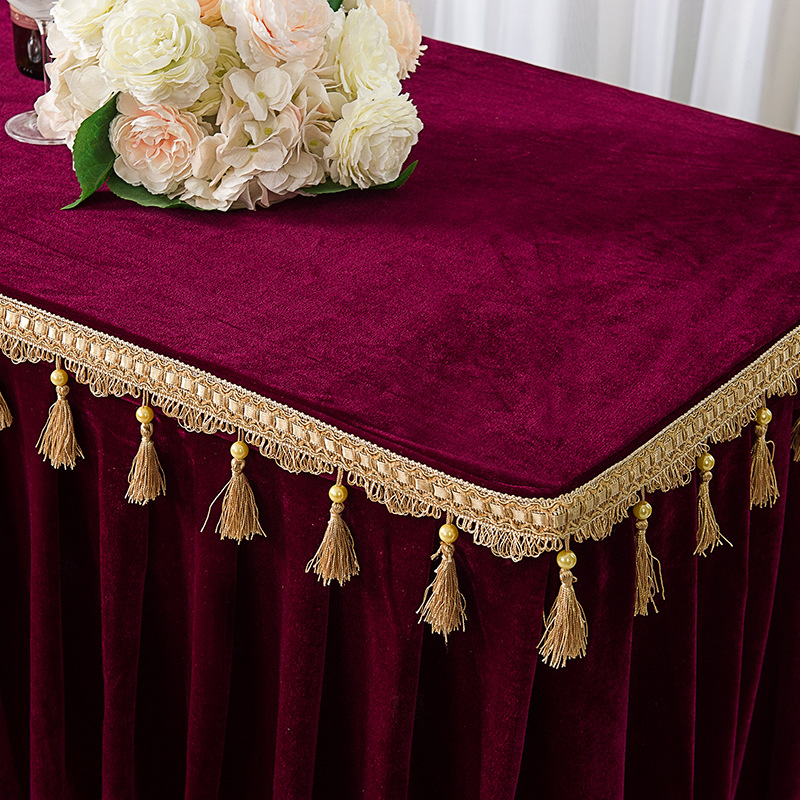 定制金丝绒吊穗展会活动会议桌布桌裙桌罩自助餐台裙桌围签到桌布