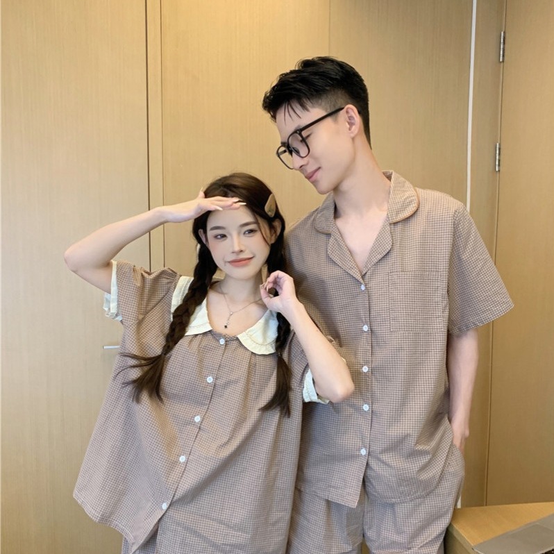 纯棉korea夏季新款男睡衣女套装简约透气格子撞色甜美情侣家居服