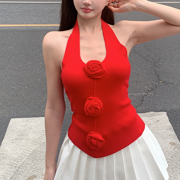2024新品新中式辣妹湖蓝手工玫瑰挂脖露背针织背心高质量高级感女