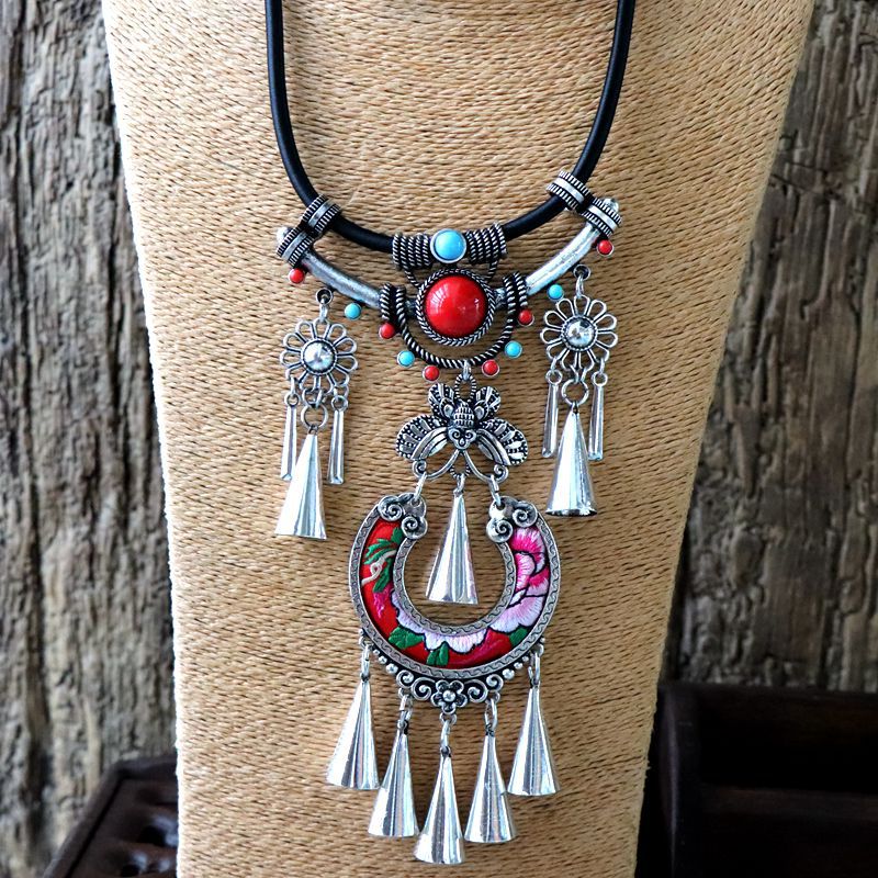 新款民族风女士潮流项圈项链刺绣苗银项链百搭毛衣链-阿里巴巴