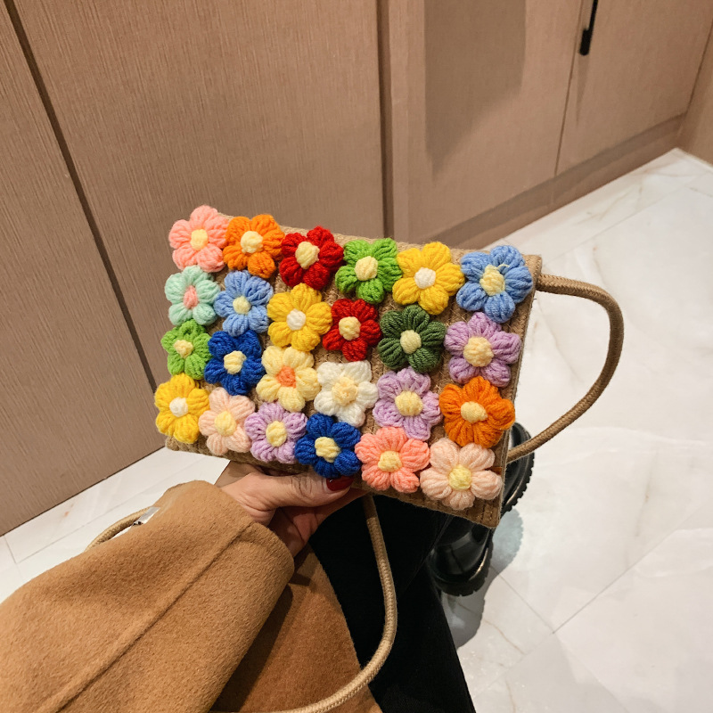 毛线编织泫雅风单肩斜挎小包包女2021新款泡芙花包小清新韩式女包