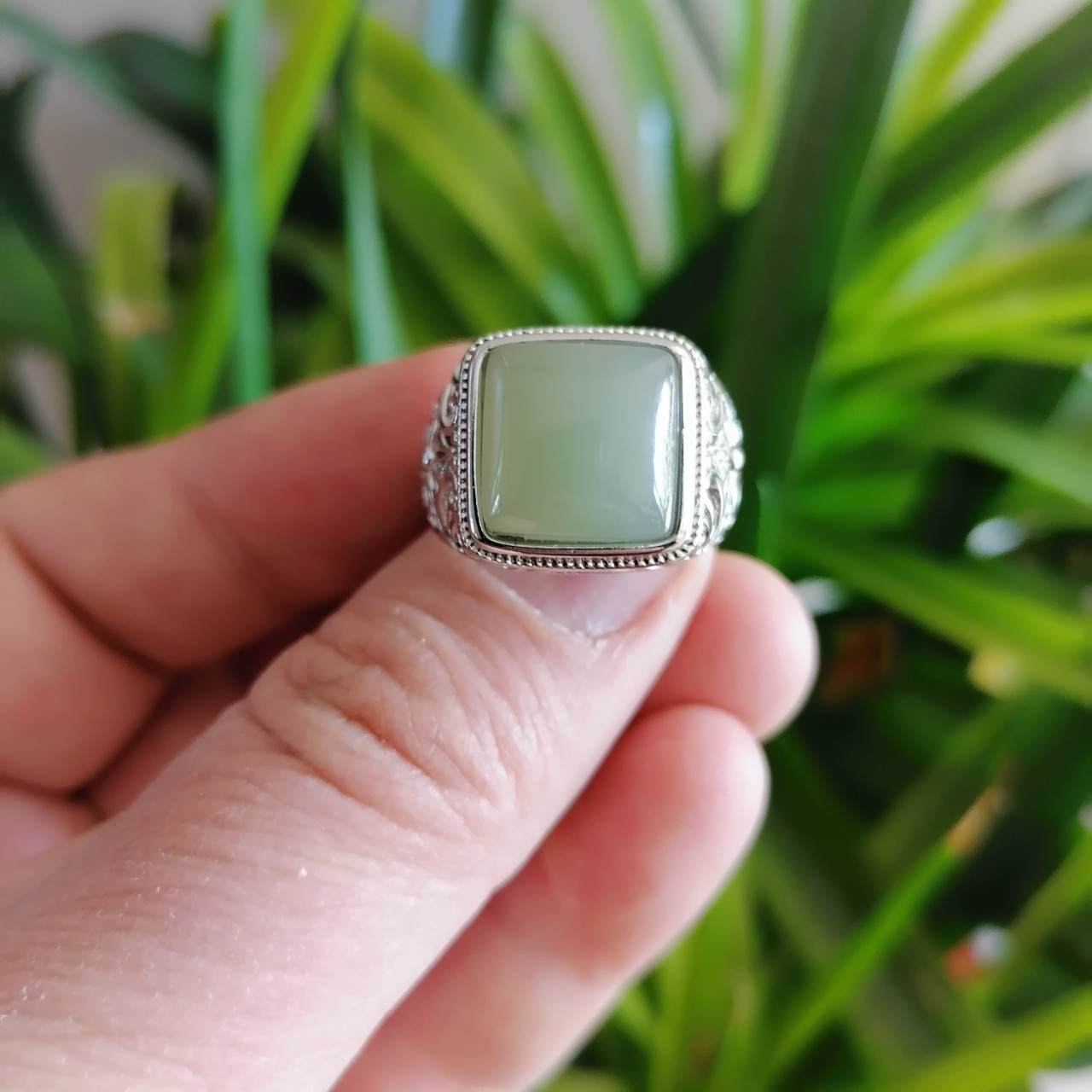 批发s925银镶嵌和田玉戒指白玉男士戒指正方形戒面活口男戒