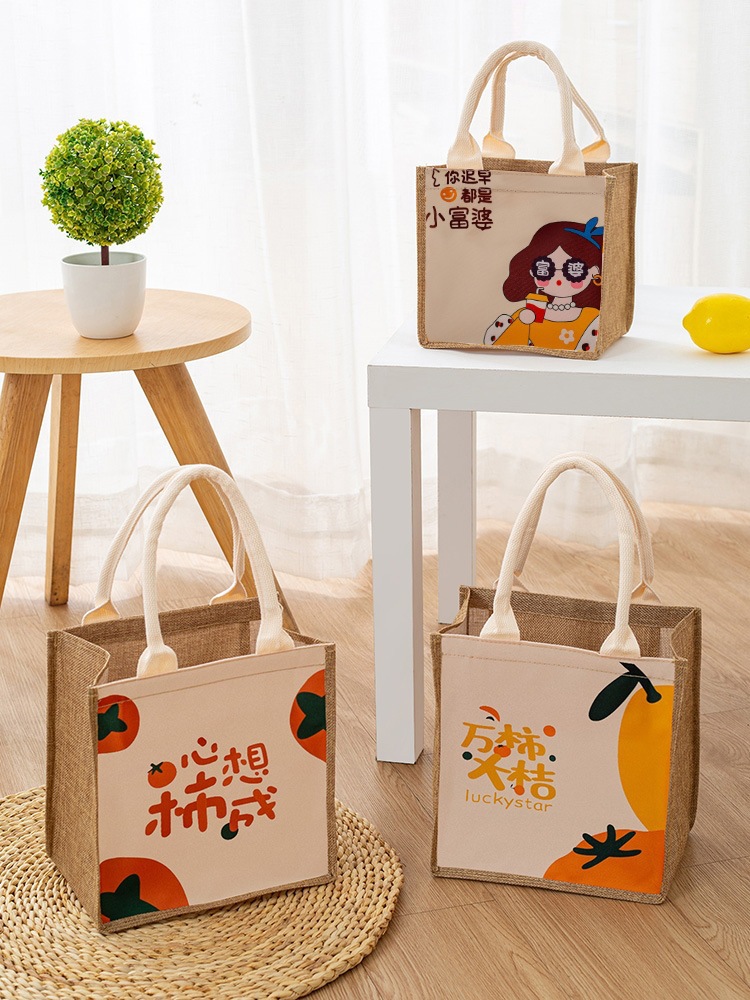 新款创意卡通印花黄麻手提袋简约diy手绘麻布现货托特包批发logo