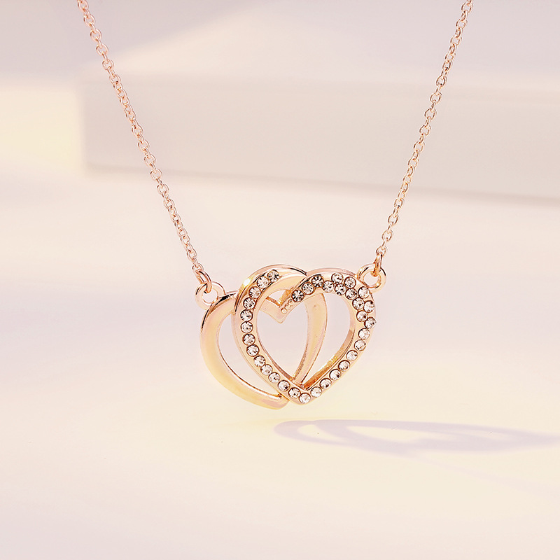 日韩简约女士 浪漫心形双心项链 时尚简心心相印爱心锁骨项链女