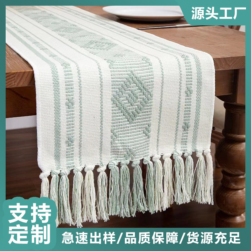 Cross-Border Jacquard Cotton and Linen Table Runner Tablecloth Dining Table Cushion Handmade Tassel Bed Runner Coffee Table Cabinet Cover Towel Tea Towel New