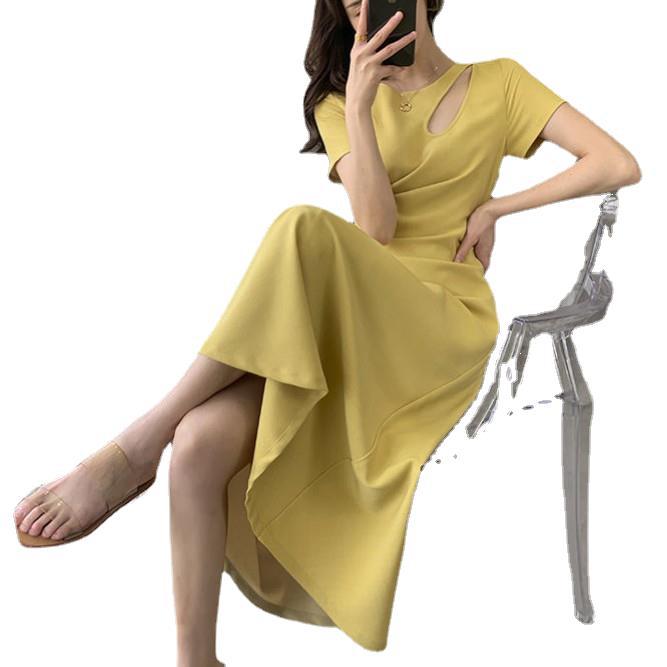 French Style Temperament Design Hollow-out Pleated Waist Tight Solid Color Dress Women's Summer 2023 Slimming Hepburn Long Dress