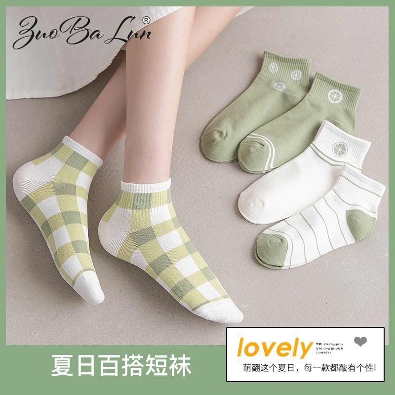 佐巴伦女士袜子女夏季韩版短袜ins潮流学生船袜青春绿浅口短袜子