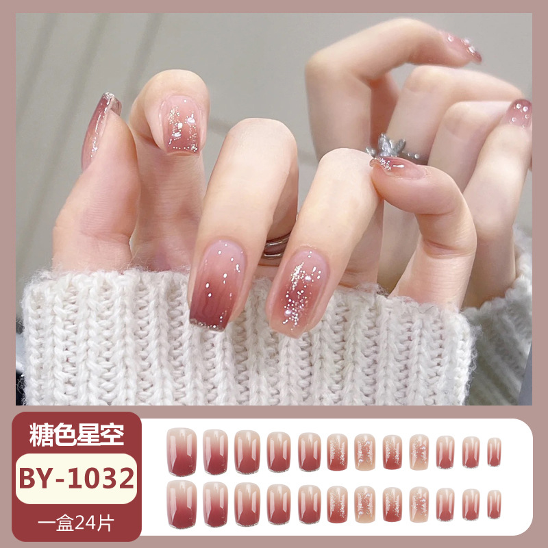 Internet Hot Wear Nail Short Brown Gradient Glitter Pure Desire Wind Nail Patch White Nail Tips Wholesale