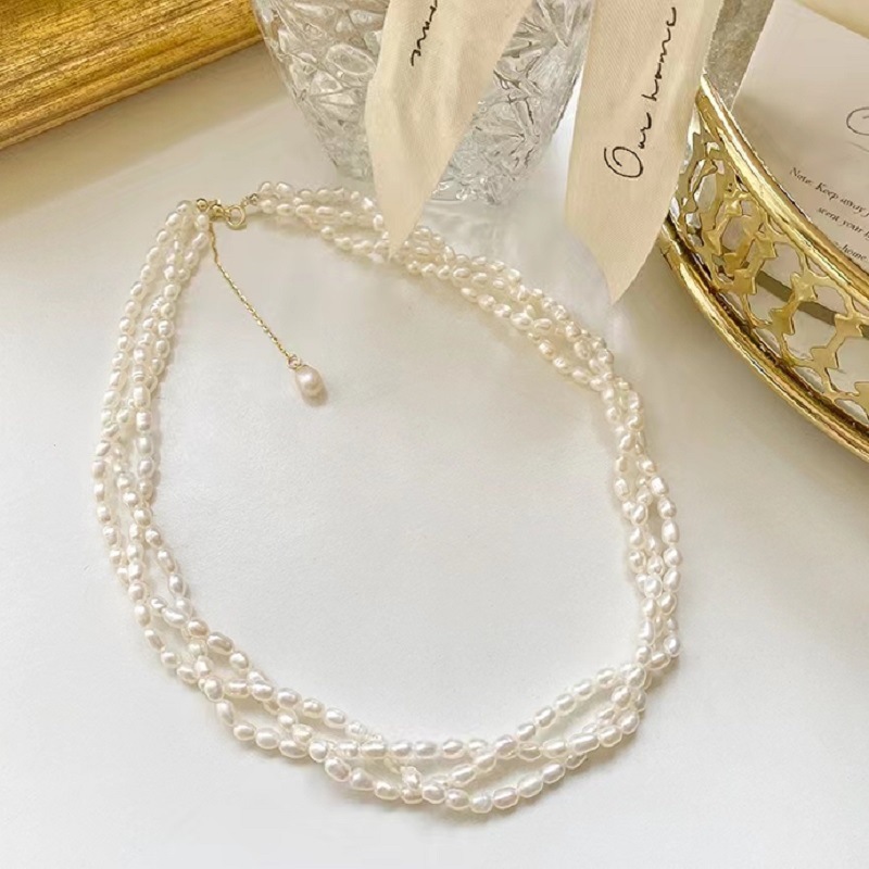 天然巴洛克淡水米粒珍珠项链轻奢多层编织锁骨链14k包金复古颈链