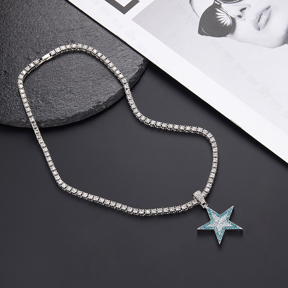 European Hip Hop New Five-Pointed Star Pendant Colorful Exquisite Personality Alloy Spot Drill Five-Pointed Star Necklace Pendant Wholesale