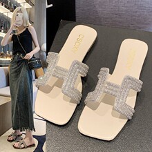 韩版水钻一字型平底拖鞋女 Flat Slippers 方头一脚蹬居家拖鞋